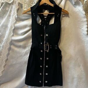 Entry Black Zipper Front Belted Dress with Lace-Up Back